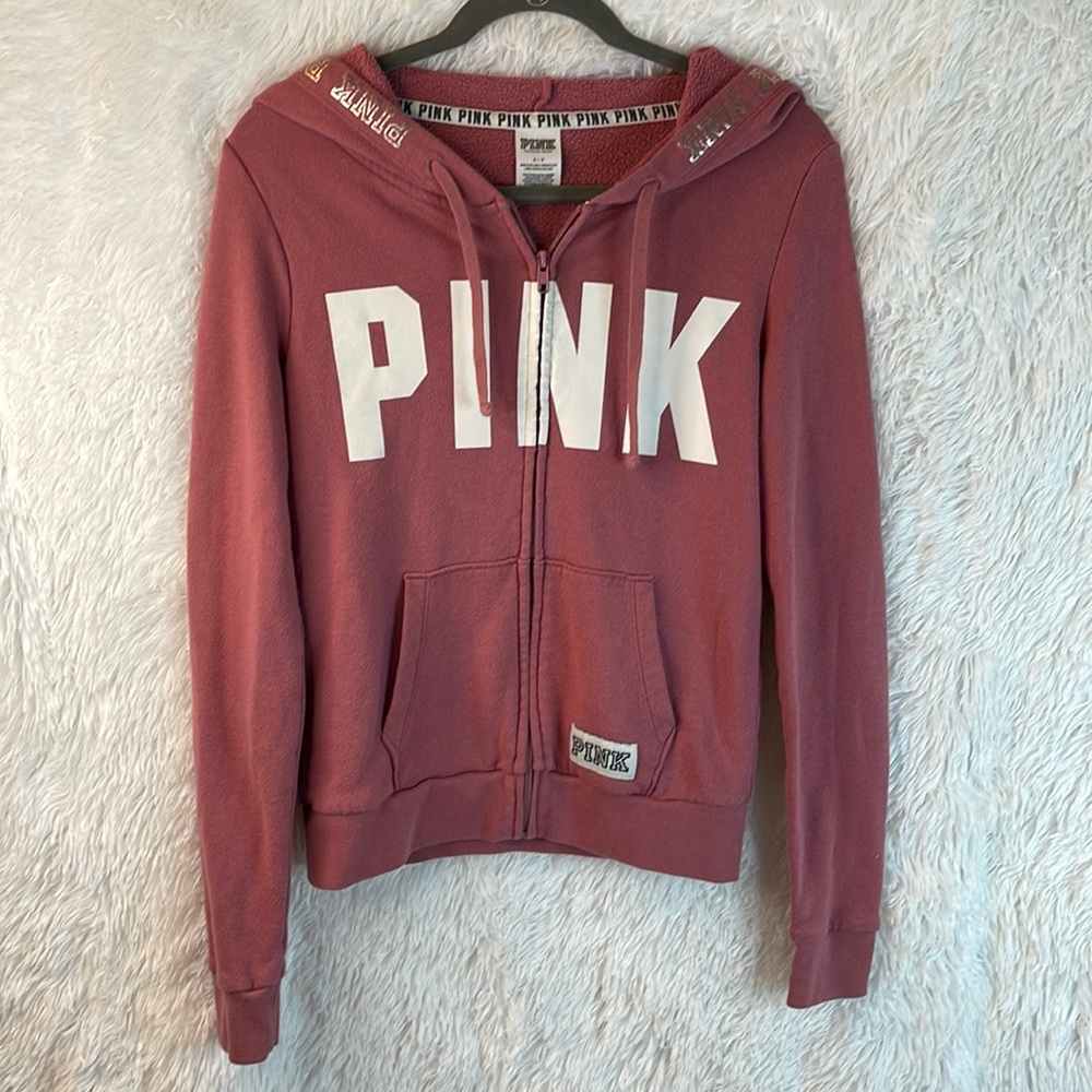 PINK HOODIE, zip up size small/petite, mauve